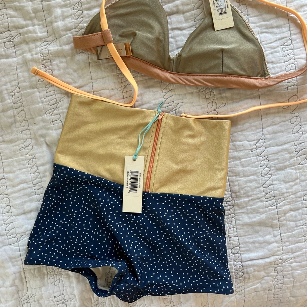Seea Navy Polka Dot & Peach Crochet Bikini Top with Yellow Accents - Picture 2 of 4